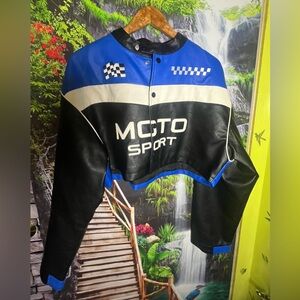 Forever 21  NWT- Moto Sport Cropped
Jacket Size LARGE Blue Black White.  Women.